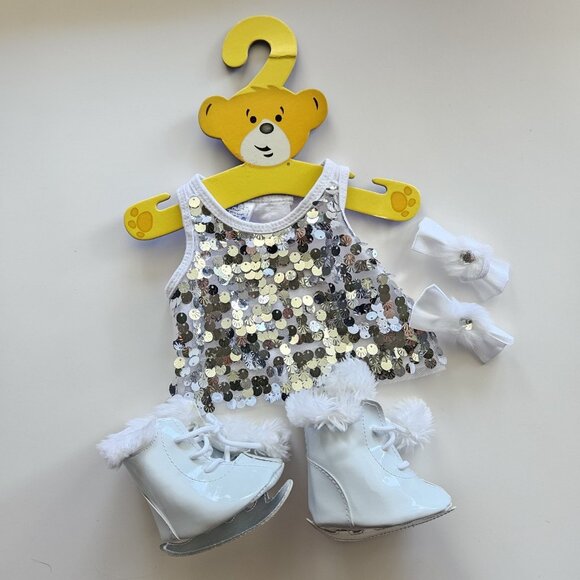 Build-A-Bear Ice Skating Outfit Set – White Sequin Tank, Skates & Hair Bows - Picture 1 of 4